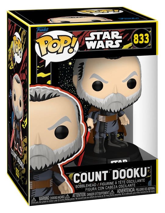 Count Dooku Funko POP! bobblehead in its black retro-style Star Wars window box, number 833
