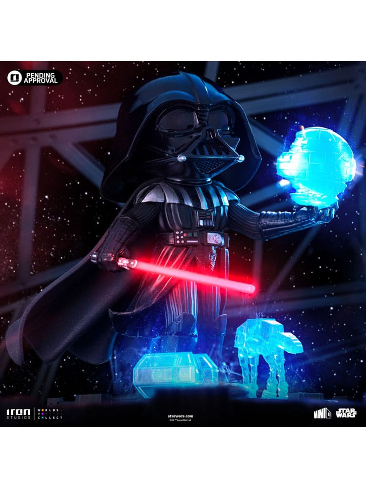 Iron Studios Mini Co. Darth Vader figure shown in a starry scene with glowing red lightsaber