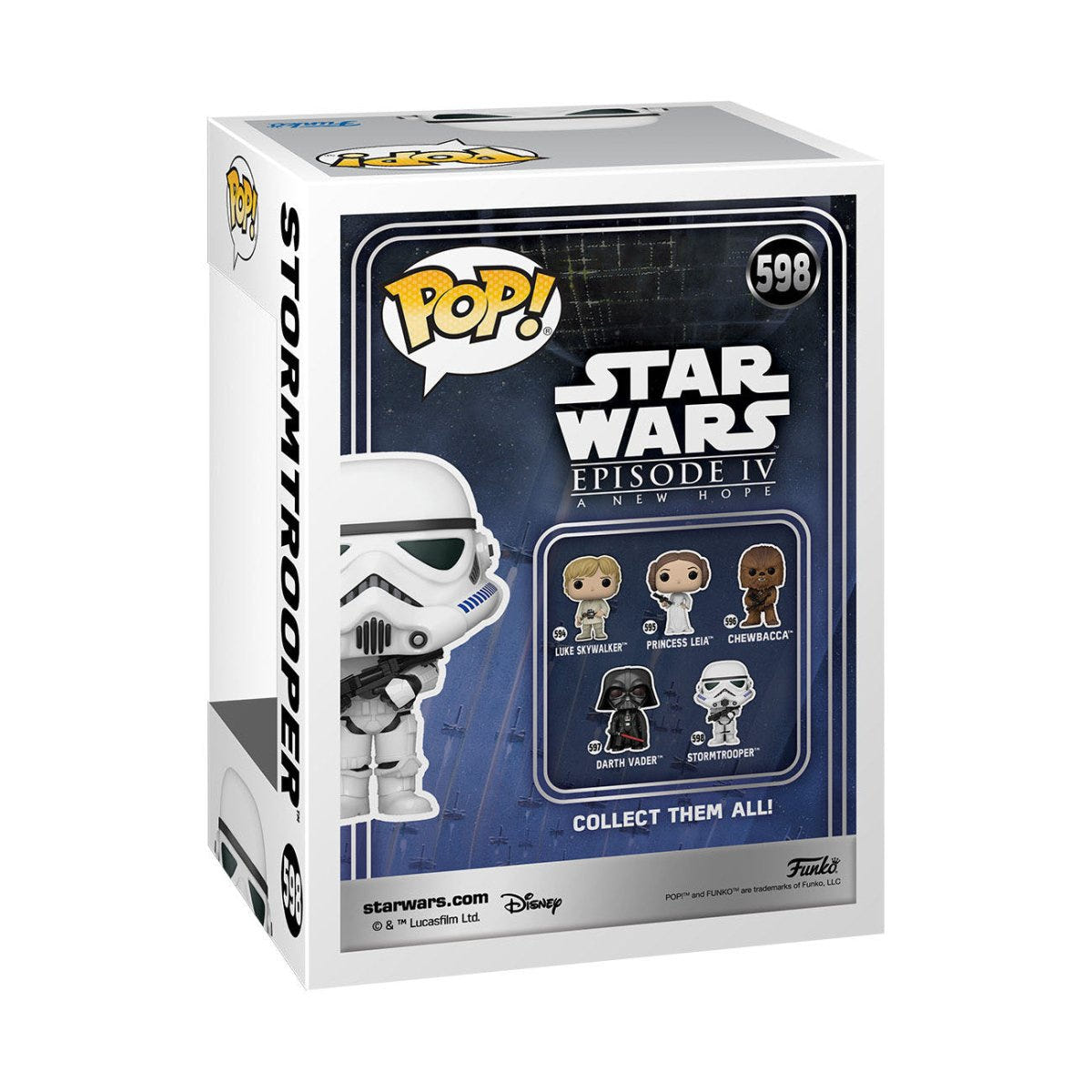Star Wars Funko POP! Stormtrooper 598 box, rear view with Episode IV collection artwork