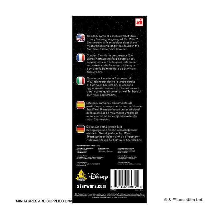 Star Wars Shatterpoint Measuring Tools pack, back of the packaging with multilingual text