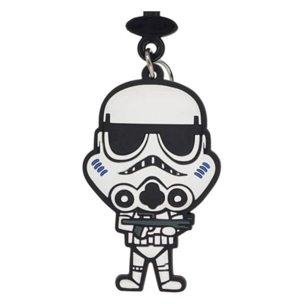 Star Wars Stormtrooper soft touch PVC bag clip with blaster, on a black clip strap