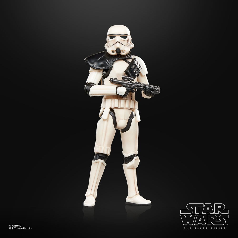 Imperial Remnant Stormtrooper figure with black pauldron holding blaster, dark backdrop