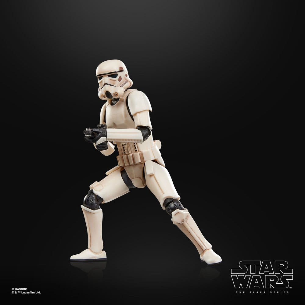 Star Wars Imperial Remnant Stormtrooper figure in a wide lunging stance, dark backdrop