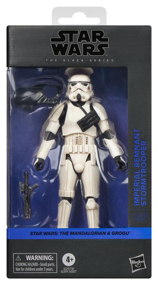 Imperial Remnant Stormtrooper boxed figure with blaster, Black Series packaging on white