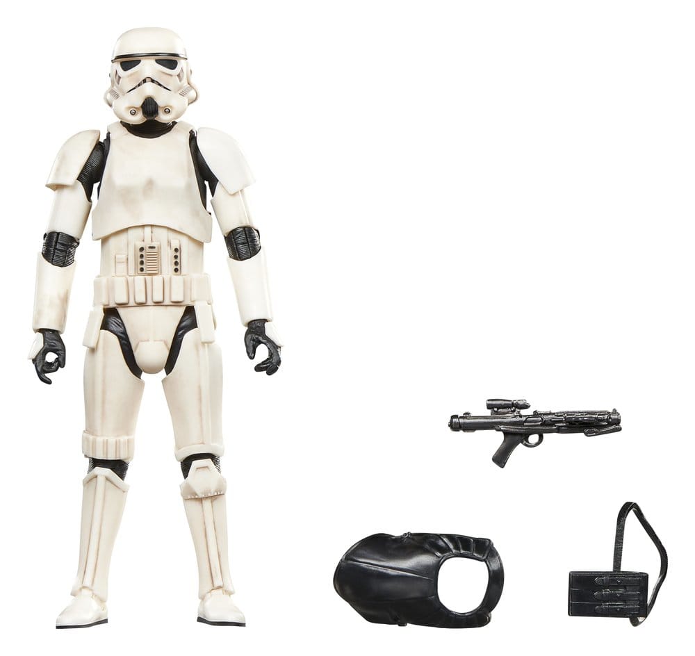 Imperial Remnant Stormtrooper Black Series figure beside its blaster and gear, on white