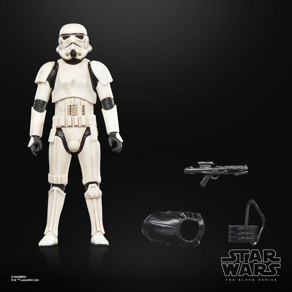 Hasbro Imperial Remnant Stormtrooper with blaster, pauldron and pouch accessories laid out