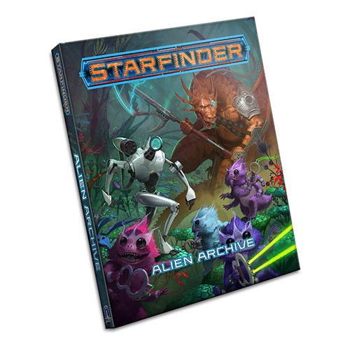 Starfinder Alien Archive hardcover by Paizo, cover art of alien creatures and a robot in a jungle