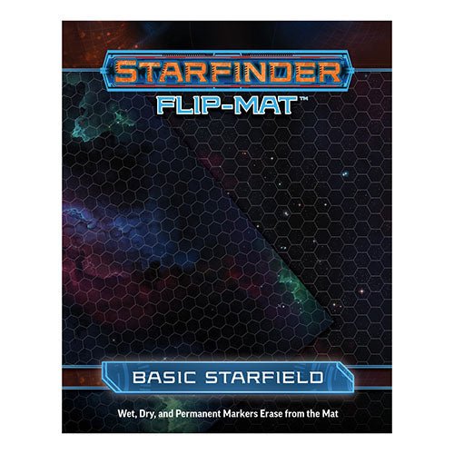 Starfinder Flip-Mat Basic Starfield cover with a hex grid over a starry space backdrop