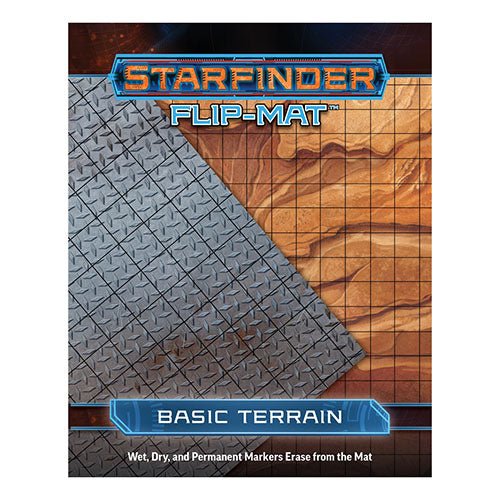 Starfinder Flip-Mat Basic Terrain cover showing metal floor plating and dusty ground sides