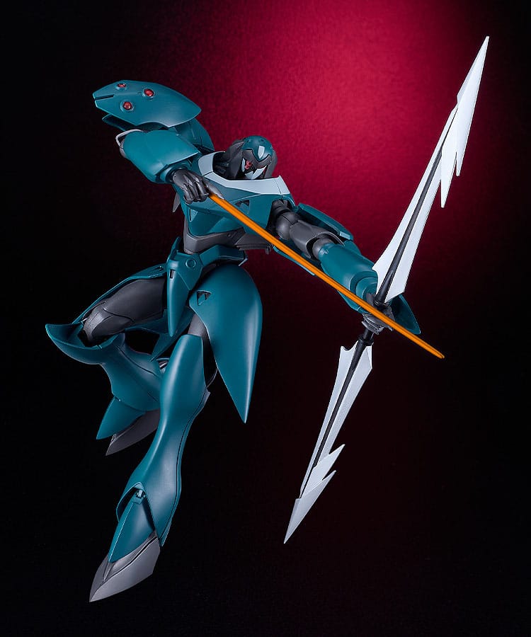 Tekkaman Dagger Moderoid kit leaning back in an action pose with lance raised