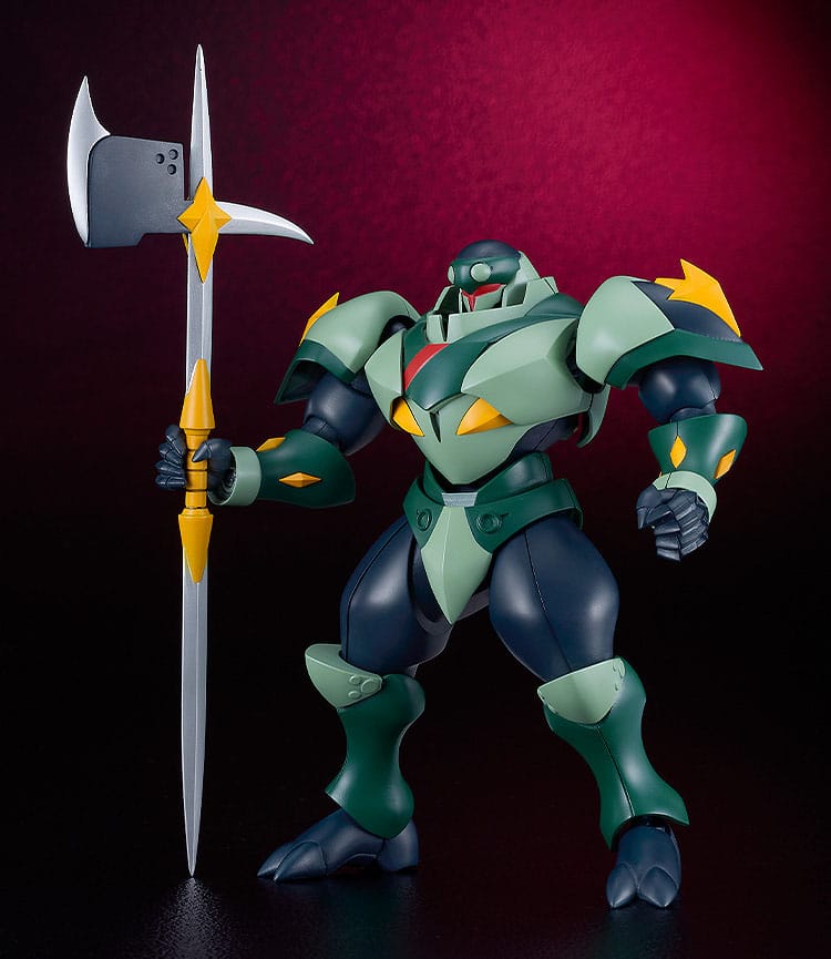 Tekkaman Axe Moderoid model kit in green armour holding his long-handled axe upright