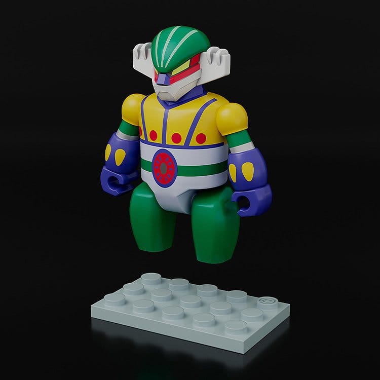 Brickroid Steel Jeeg on a grey block display base, front view
