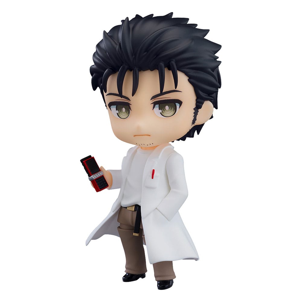 Rintaro Okabe 2.0 Nendoroid by Good Smile Company in white lab coat holding a mobile phone