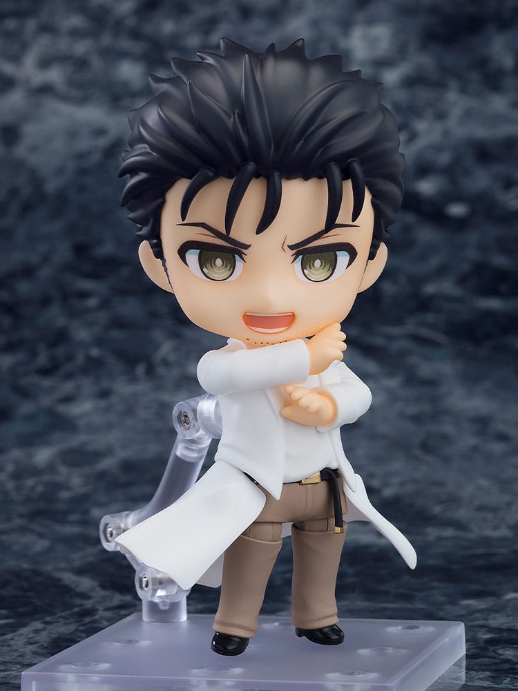 Rintaro Okabe Nendoroid in a dramatic arms-crossed pose with determined face