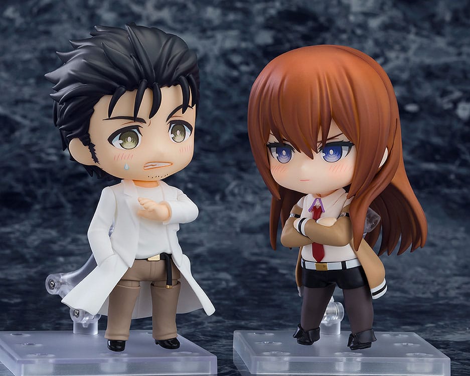 Rintaro Okabe Nendoroid displayed beside a Kurisu Makise Nendoroid, Steins;Gate pair