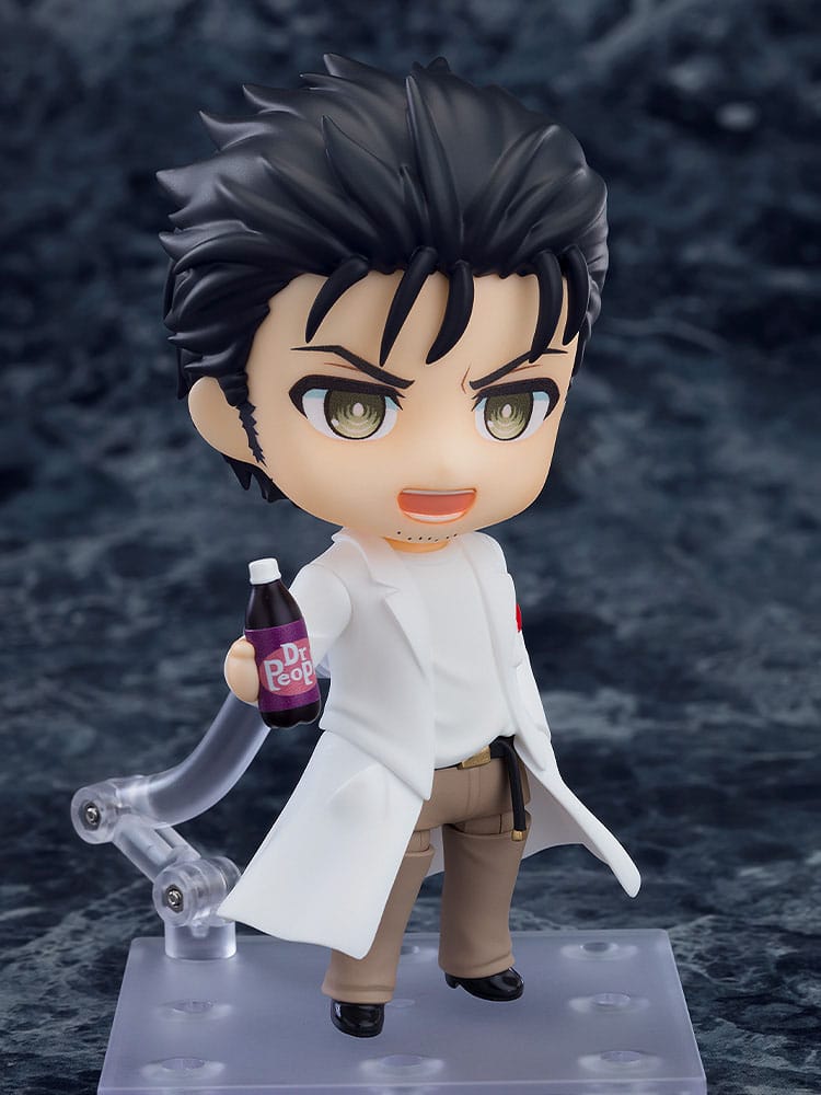 Rintaro Okabe Nendoroid holding a plastic drink bottle with a scheming grin