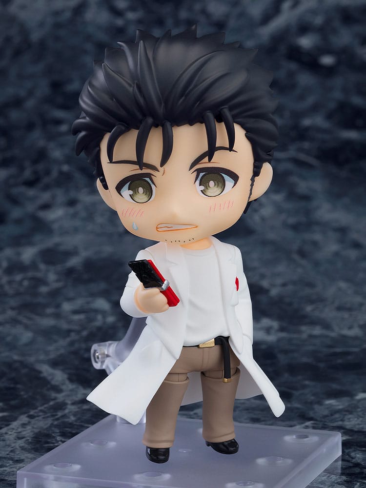 Rintaro Okabe Nendoroid with panicked face clutching his mobile phone
