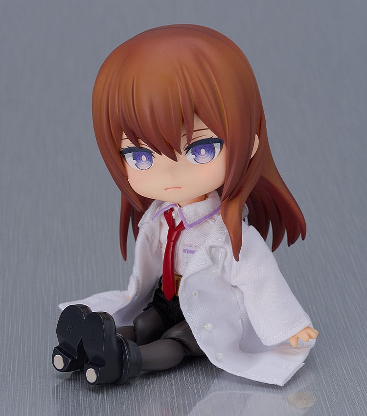 Kurisu Makise Nendoroid Doll sitting on the floor in her lab coat