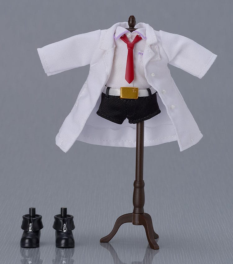 Kurisu Makise Nendoroid Doll lab coat outfit displayed on a dress stand with boots