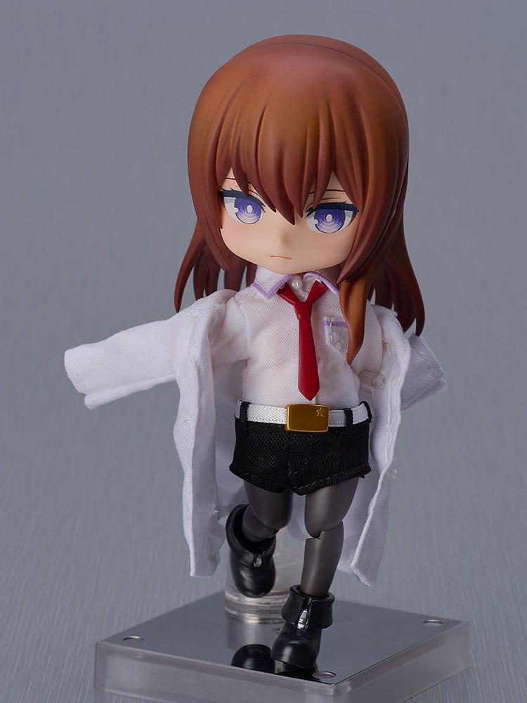 Kurisu Makise Nendoroid Doll in a mid-stride pose with lab coat flaring, side view