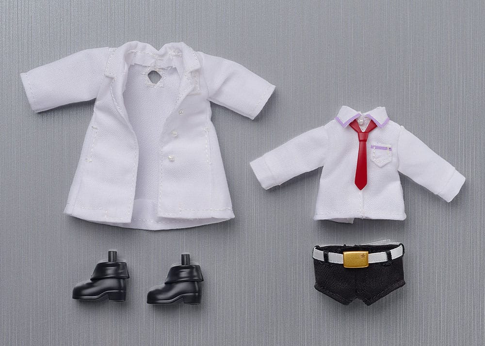 Kurisu Makise Nendoroid Doll clothing laid flat: lab coat, shirt with tie, shorts and boots
