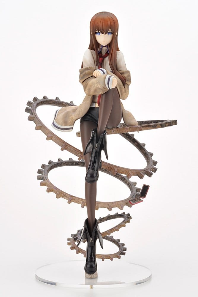 Kurisu Makise figure from the right, sitting on intertwined gears with knees drawn up