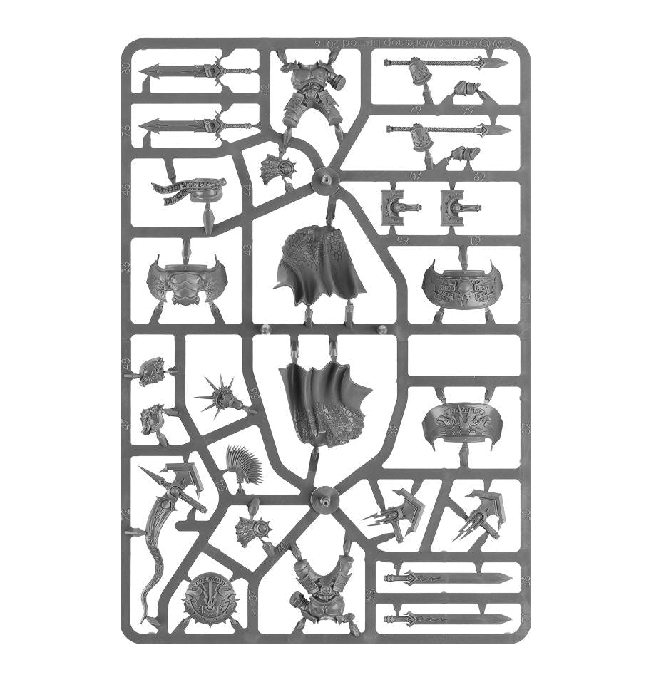 Dracothian Guard unpainted plastic sprue with cloaks and weapons, frame 2 of 3