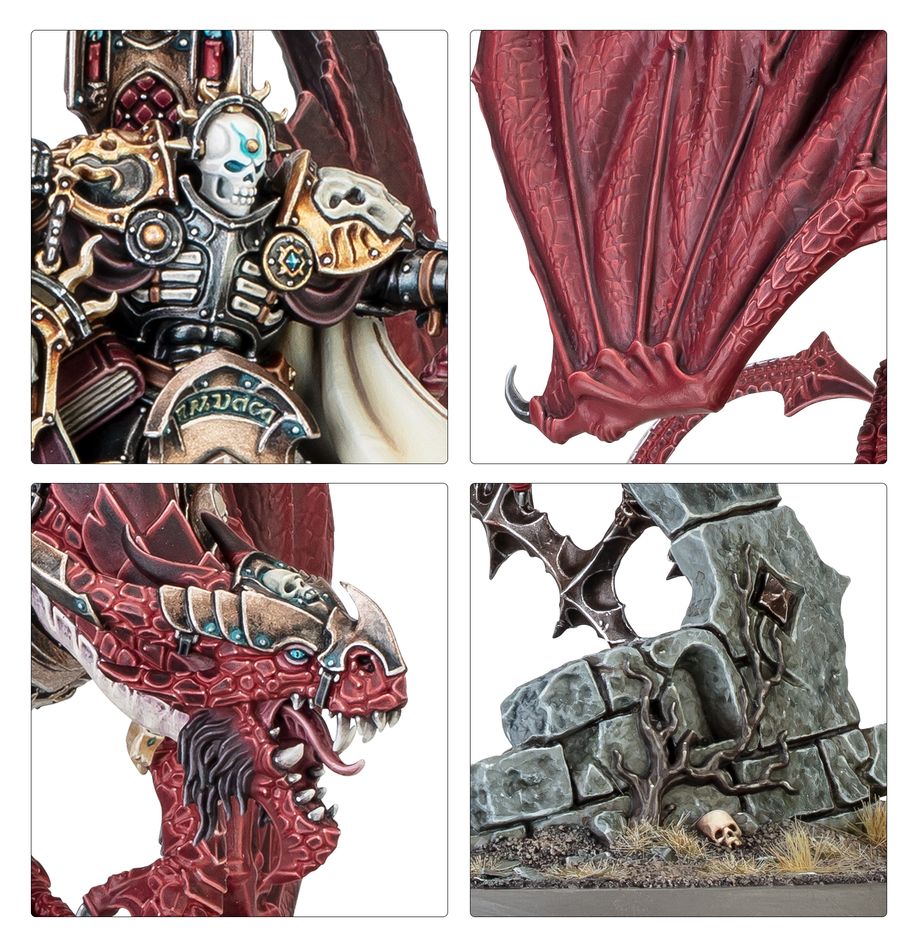 Close-ups of Ionus Cryptborn: his skull-faced helm, a red dragon wing, Cthorak's head and ruined base