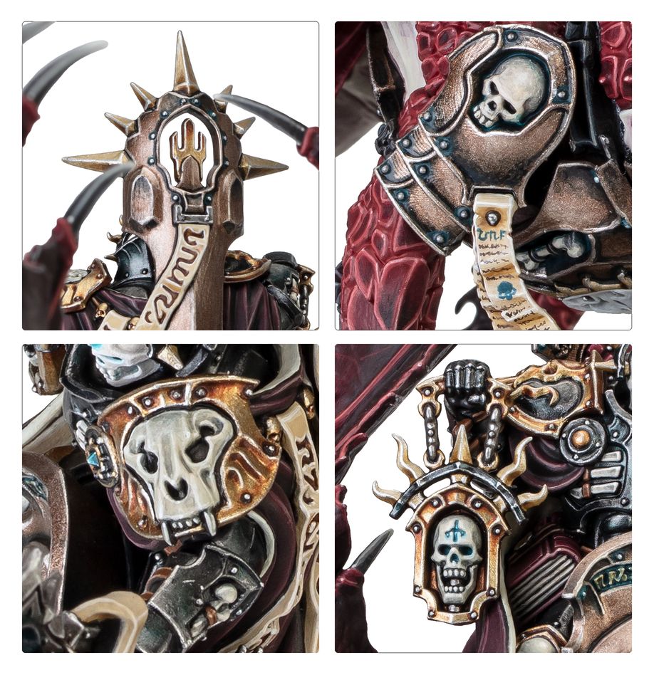 Close-ups of Ionus Cryptborn's spiked helm, skull emblem on his armour and ornate gold detail