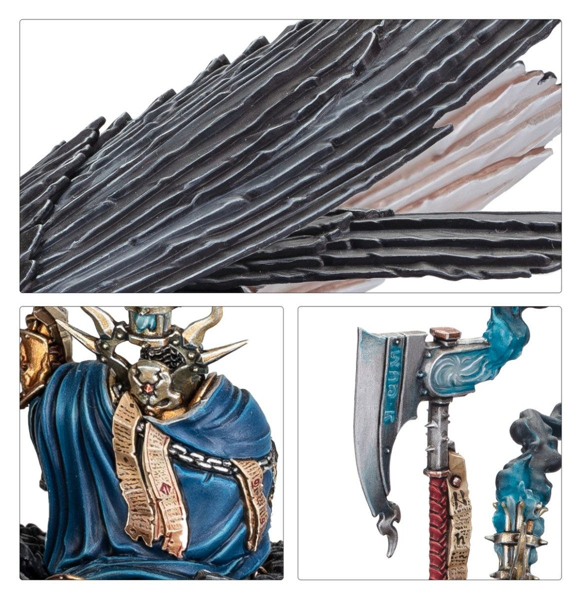 Close-ups of Iridan the Witness Morrgryph feathers, blue robed rider and Axe of the Final Threshold