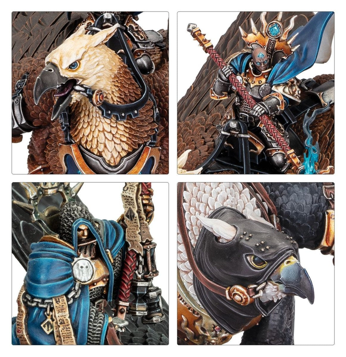 Close-ups of Morrgryph beaked heads, armoured rider with glaive and Iridan in blue robes