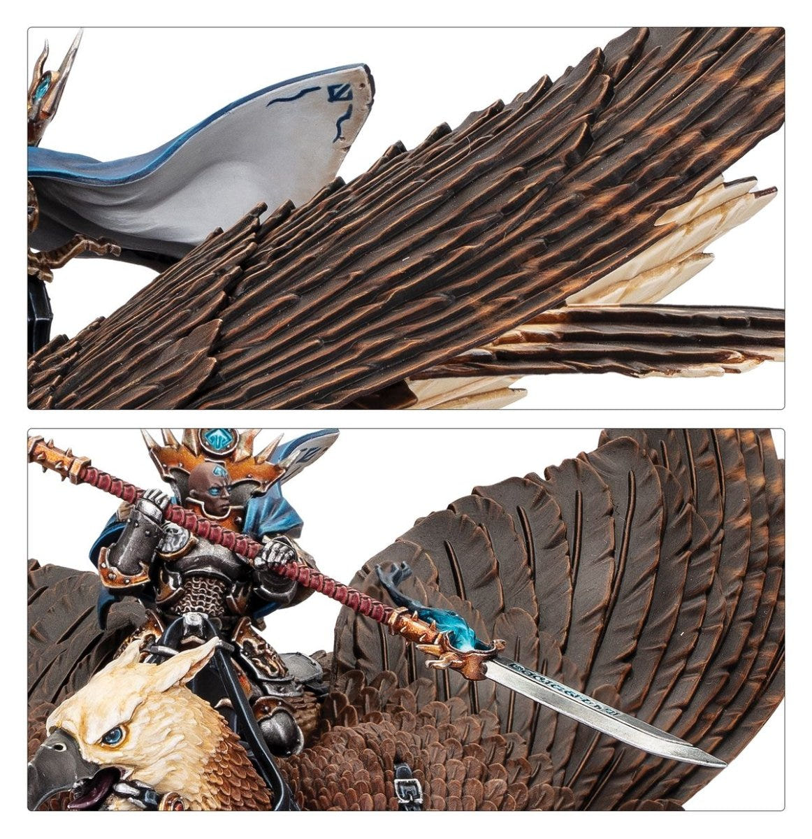 Close-ups of the Lord-Vigilant on Morrgryph brown feathered wings and glaive-wielding rider