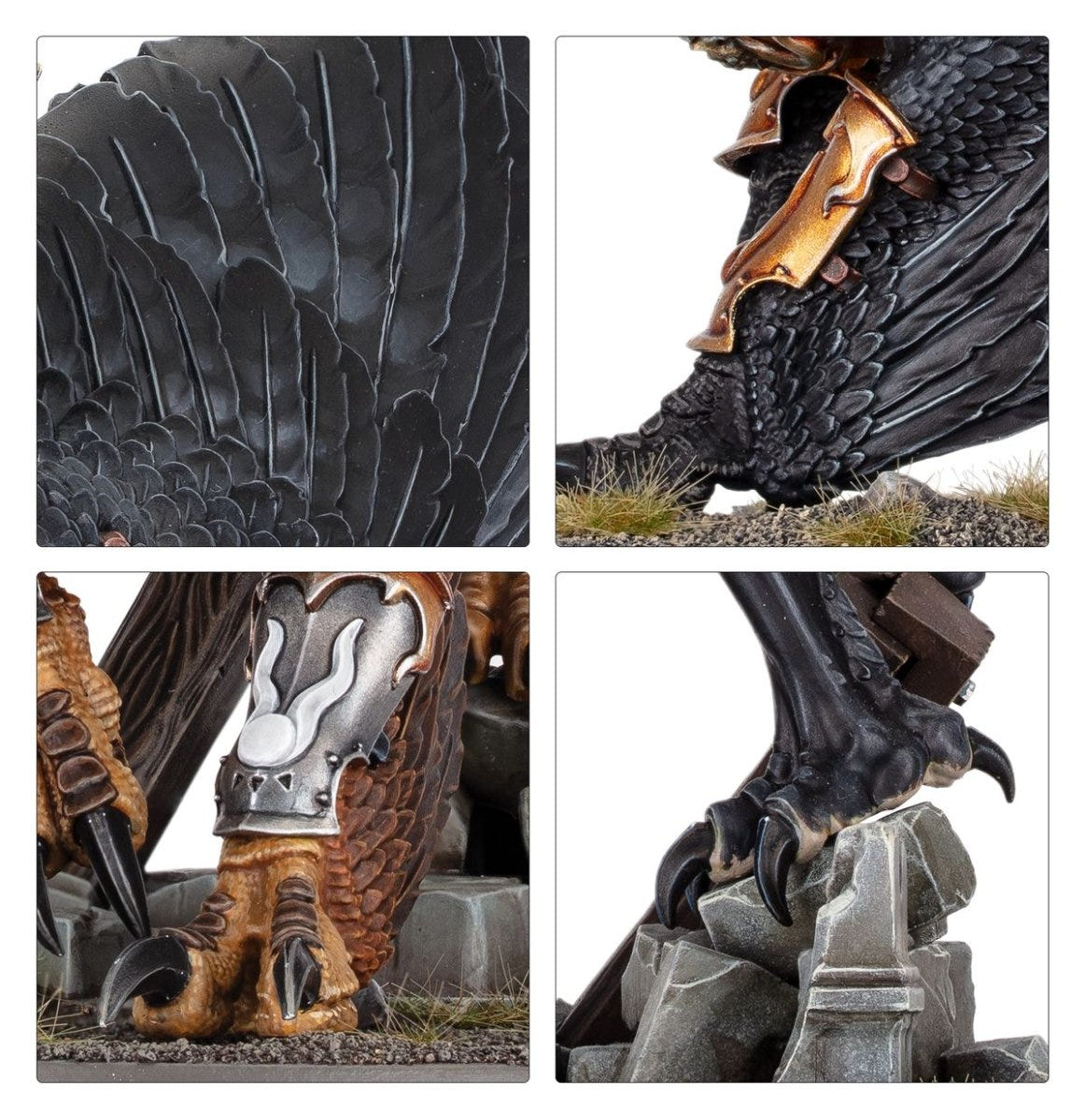 Close-ups of Iridan's Morrgryph dark feathers, armoured shoulder and taloned feet on rocks