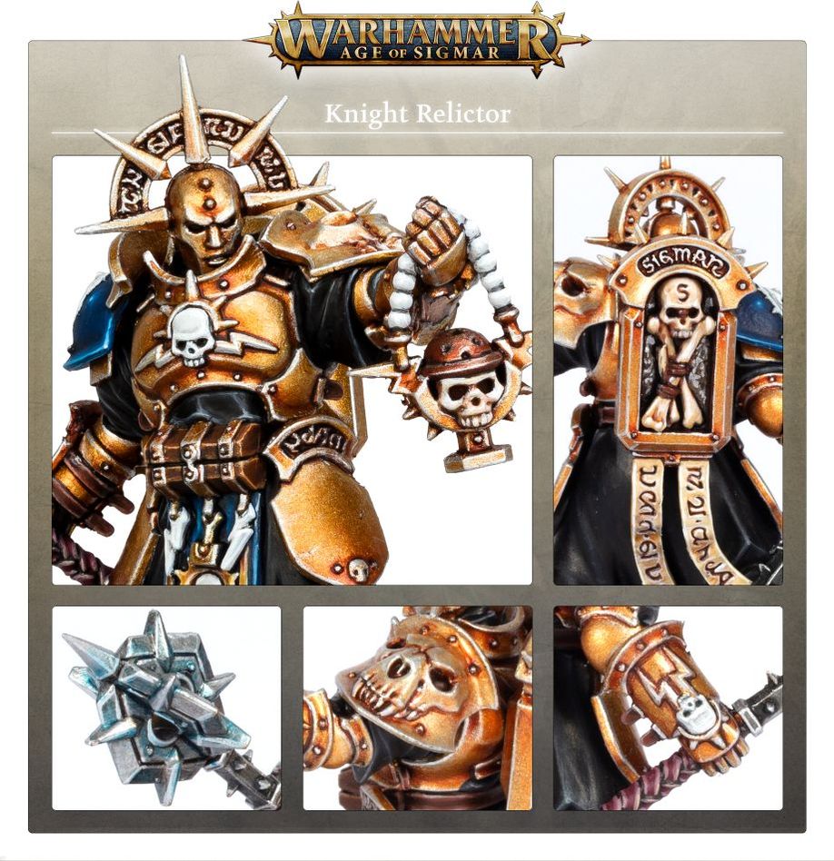Knight-Relictor close-ups showing maul, skull helm and gold Sigmarite armour
