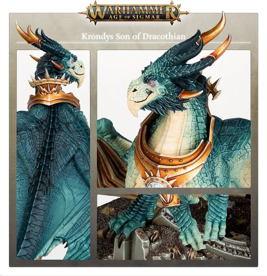 Krondys promo panel with close-ups of the teal dragon's horned head, gold collar and scales