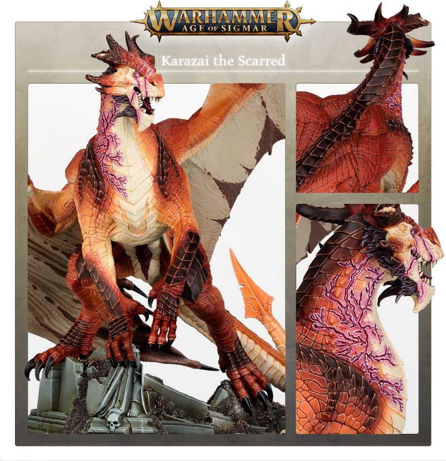 Karazai the Scarred promo panel showing the red dragon with glowing scars in close-up