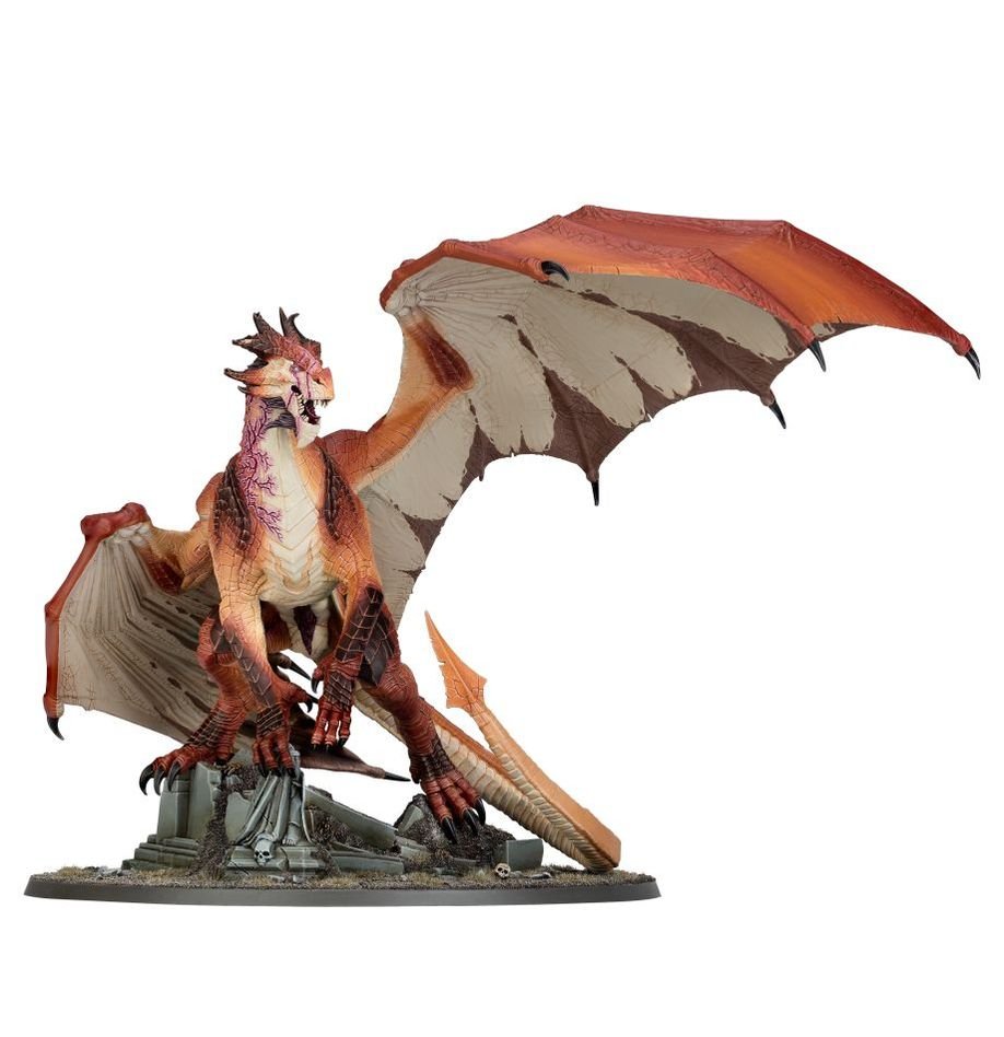 Kit built as Karazai the Scarred, a red and orange Draconith dragon with wings spread