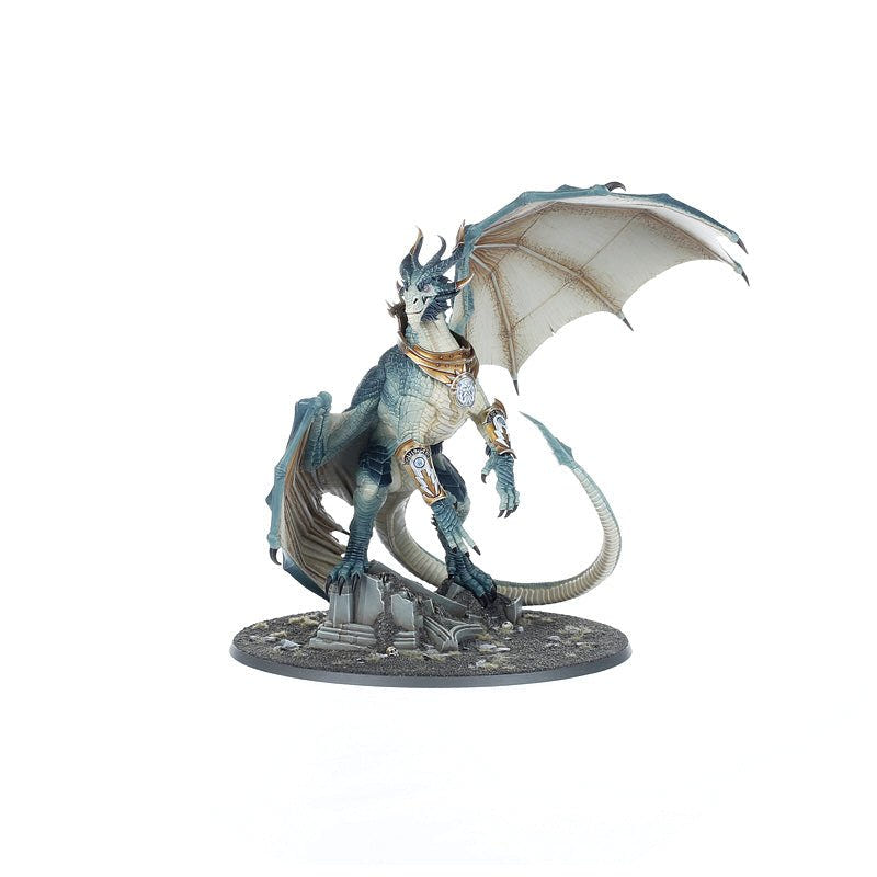 Painted Krondys, Son of Dracothian, smaller full view on his rocky base with wings raised