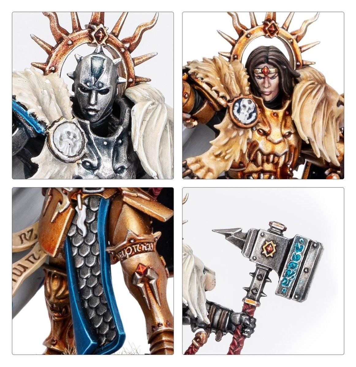 Lord-Celestant close-ups: silver masked helm, gold bare-headed variant, gold armour with scale tabard, and warhammer