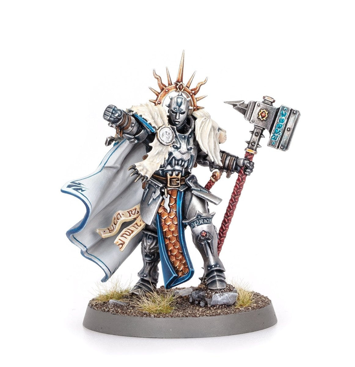 Stormcast Eternals Lord-Celestant painted in silver and blue, masked helm and warhammer, full front view
