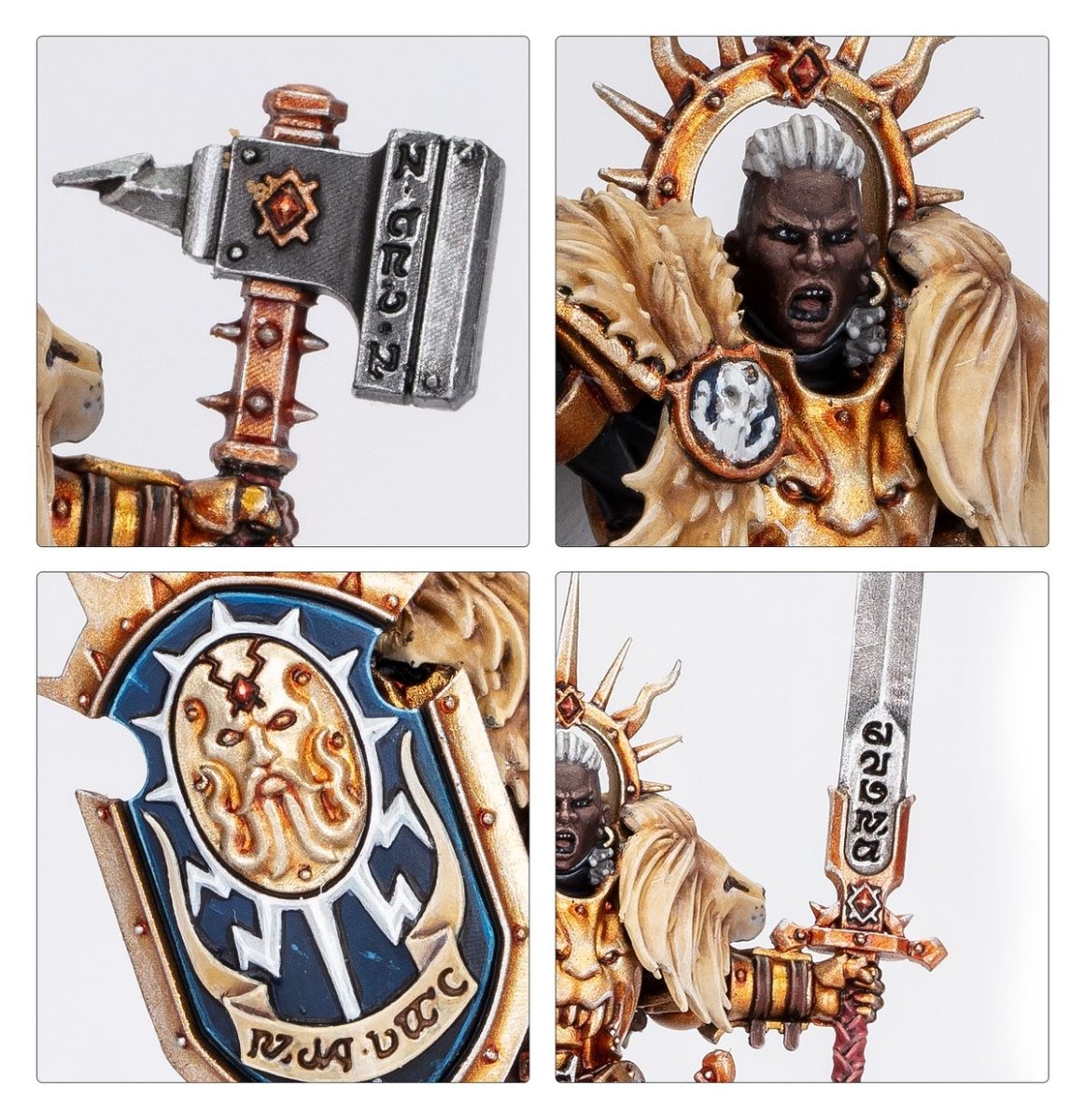 Close-ups of the gold Lord-Celestant: warhammer head, bearded face, sculpted shield and sword