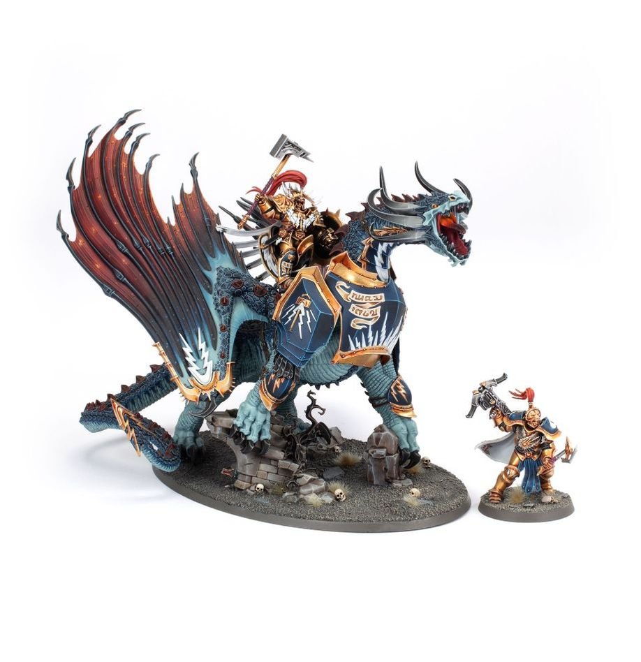 Painted Lord-Celestant on Stardrake shown beside a Stormcast Eternal on foot for scale, Games Workshop