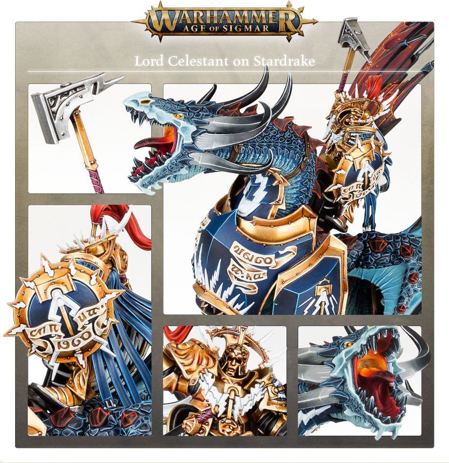 Close-up details of the painted Stardrake's head, armour and Lord-Celestant rider, Age of Sigmar