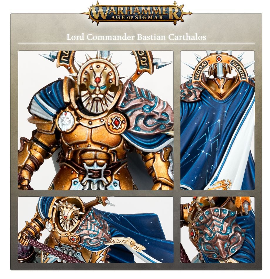 Close-ups of painted Bastian Carthalos: gold armour, starry blue cloak, helm and scroll detail