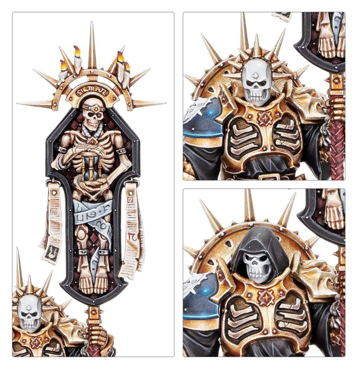 Close-ups of the Lord-Relictor's skeletal reliquary icon and skull-masked, hooded helm