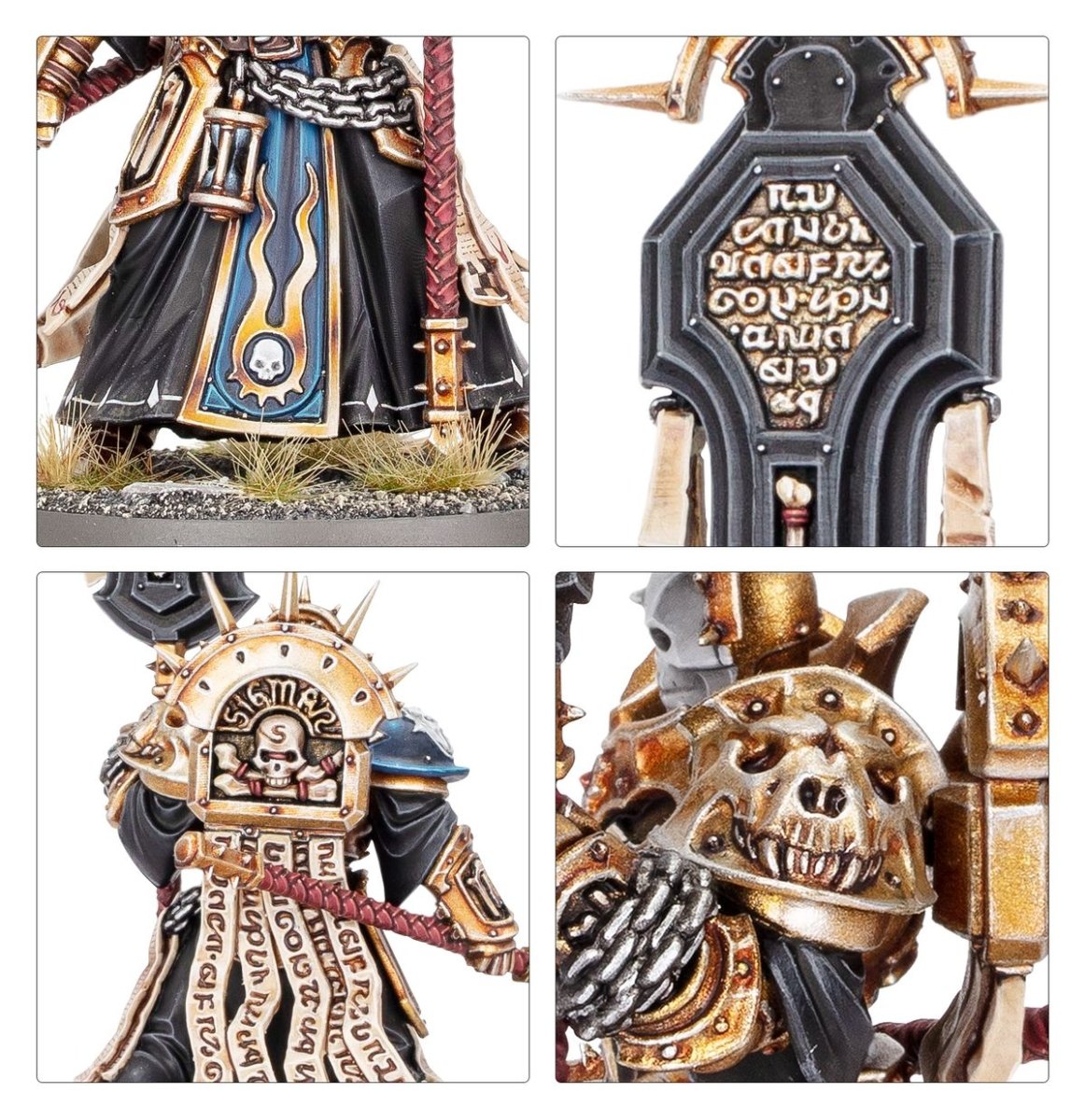Close-ups of the Lord-Relictor's scroll-inscribed robes, engraved plaque and armour details