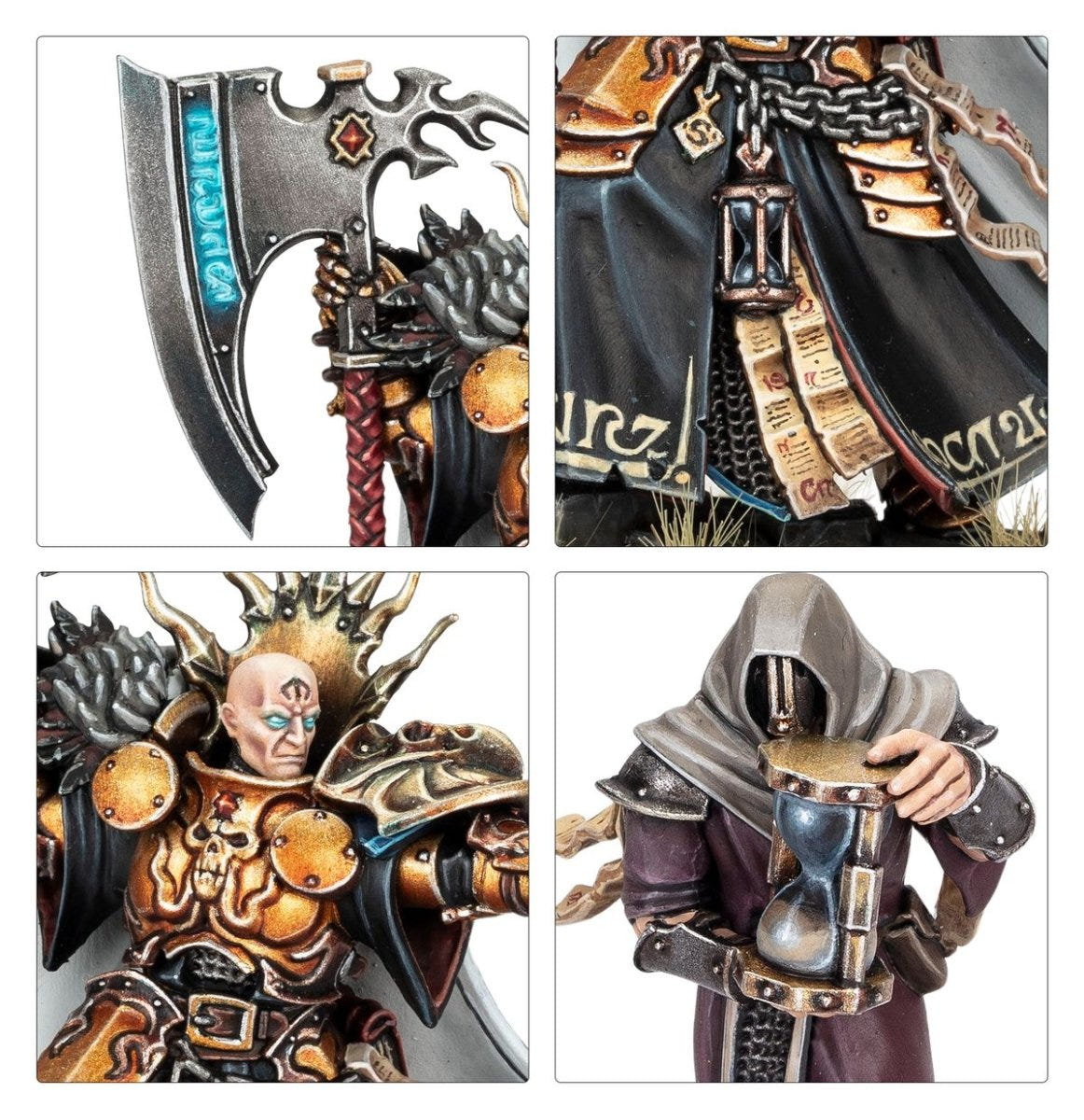 Close-ups of the painted Lord-Terminos axe head, bare head and the Memorian's hourglass