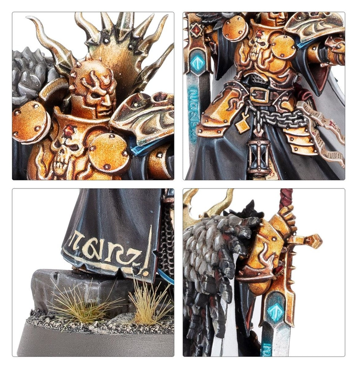 Close-ups of the painted Lord-Terminos armour, runic robes, base detail and weapon haft