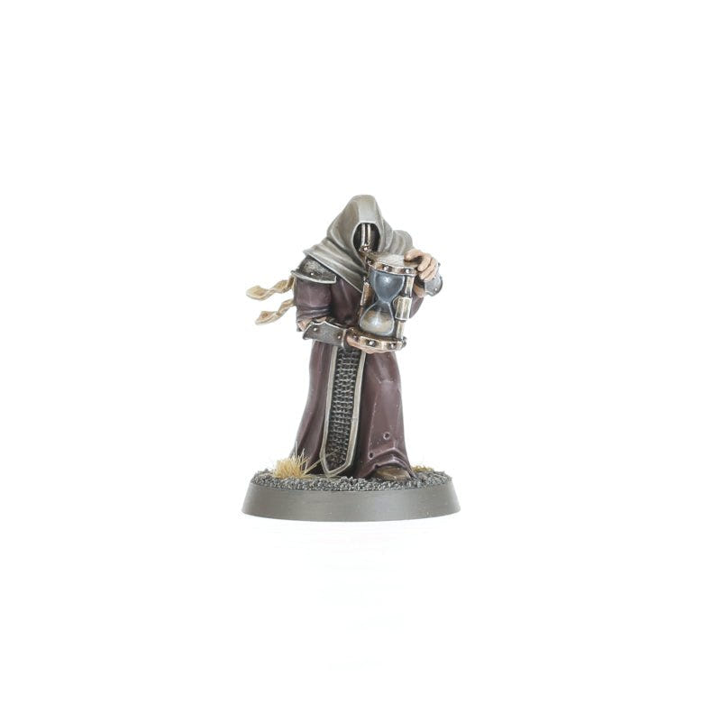 Painted hooded Memorian attendant holding an hourglass, from the Lord-Terminos set