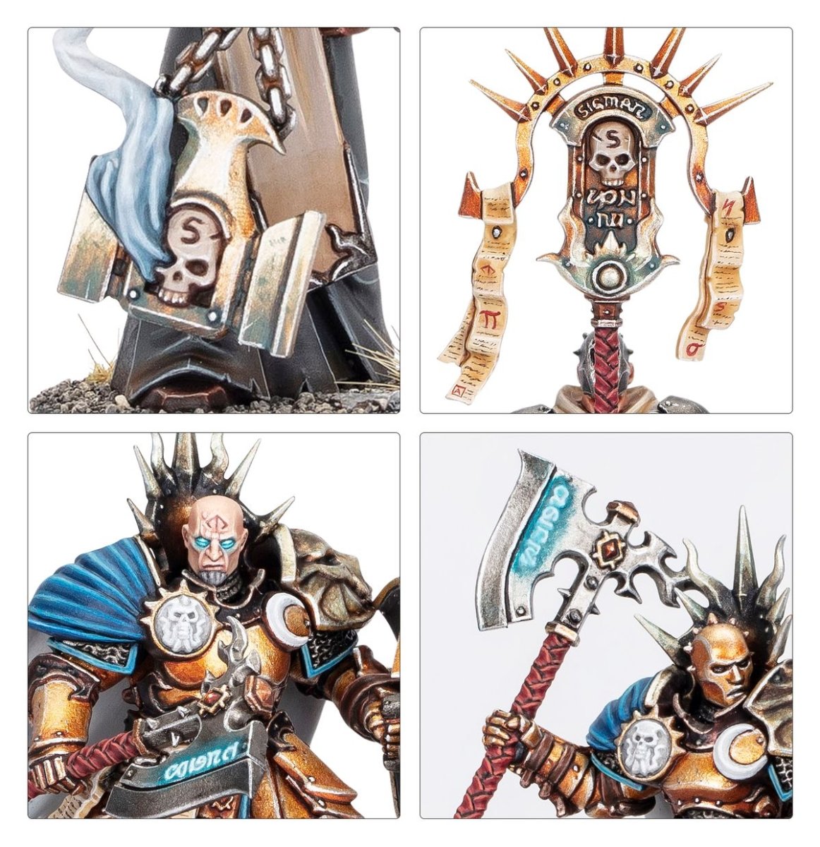 Close-ups of the Reclusians: Memorian robes, skull reliquary pole, tattooed face and rune axe